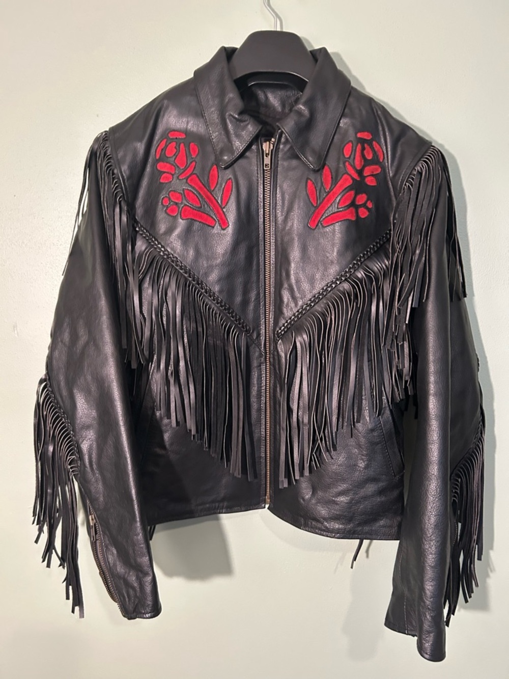 Vintage Black Leather Fringed Jacket With Red Roses Women’s Size Medium - Picture 3 of 11